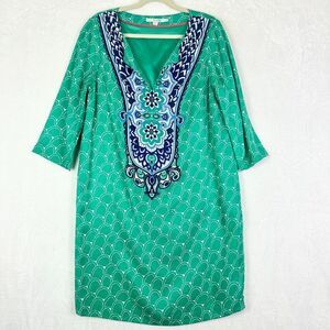 Boden Ingrid Silk Blend Shift Dress Size 16L Long Tall Teal Geometric 3/4 Sleeve